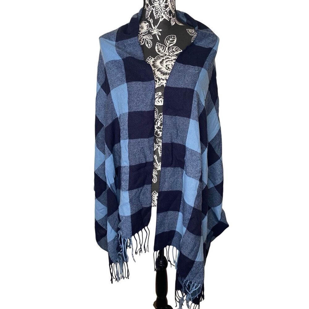 Blue Navy Buffalo Plaid Scarf Wrap Fringe Edge Cozy Soft Oversized Shawl Winter